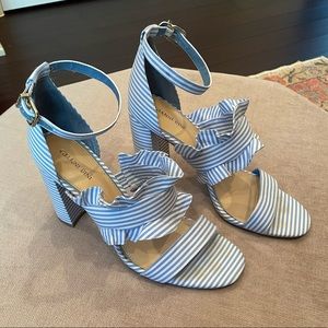 Super cute Gianni Bini blue and white striped open toe pumps.